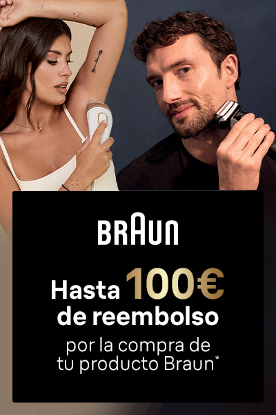 A la izquierda imagen de mujer depilandose la axila. En el centro texto: Braun, Hasta 100€ de reembolso por la compra de producto Braun*. A la derecha hombre afeitandose la barba 
