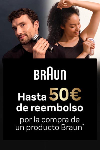 A la izquierda: un hombre afeitandose la barba. En el centro texto: Braun Hasta 50 euros de reembolso por la compra de un producto Braun. A la derecha: Imagen de una mujer afeitandose la axila.
