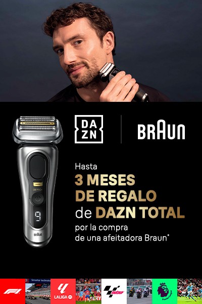 A la izquierda una imagen de un hombre afeitandose, a la derecha los logos de Dazn y Braun. Abajo texto: Hasta 3 meses de regalo de Dazn total por la compra de una afeitadora Braun