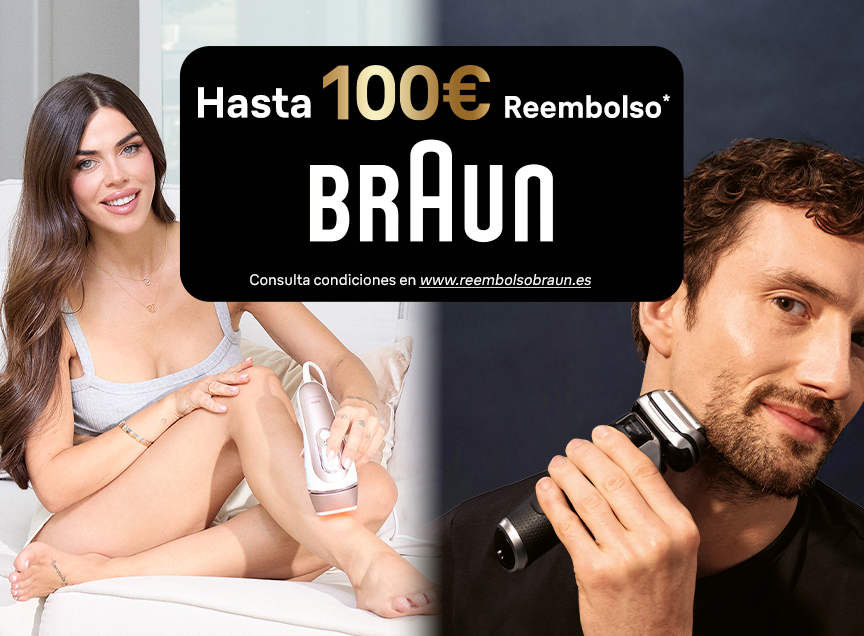 A la izquierda mujer depilandose. En el centro texto: Hasta 100 euros de reembolso Braun. Consulta condiciones en www.reembolsobraun.com. A la derecha imagen de hombre afeitandose