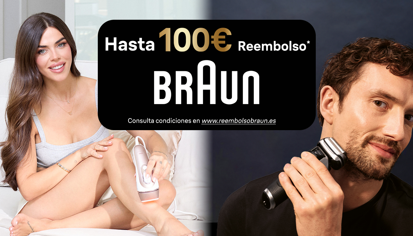 A la izquierda mujer depilandose. En el centro texto: Hasta 100 euros de reembolso Braun. Consulta condiciones en www.reembolsobraun.com. A la derecha imagen de hombre afeitandose