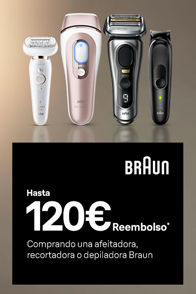 A izquierda imagen de productos Braun. A la derecha texto: Braun. Hasta 120 euros Reembolso*. Comprando una afeitadora, recortadora o depiladora Braun