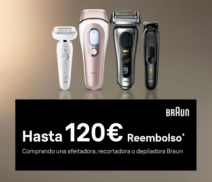 A izquierda imagen de productos Braun. A la derecha texto: Braun. Hasta 120 euros Reembolso*. Comprando una afeitadora, recortadora o depiladora Braun